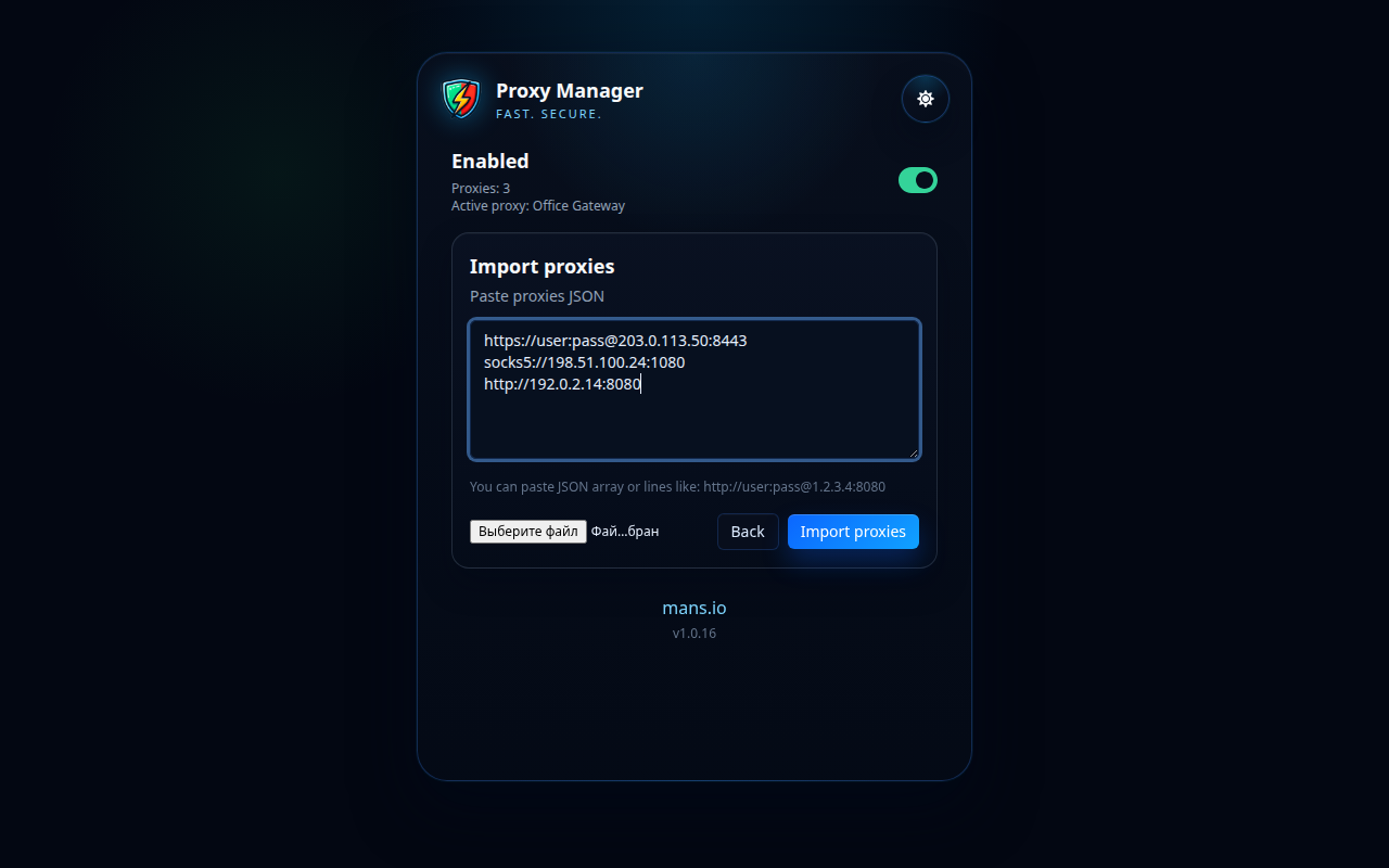 Proxy Manager import screen