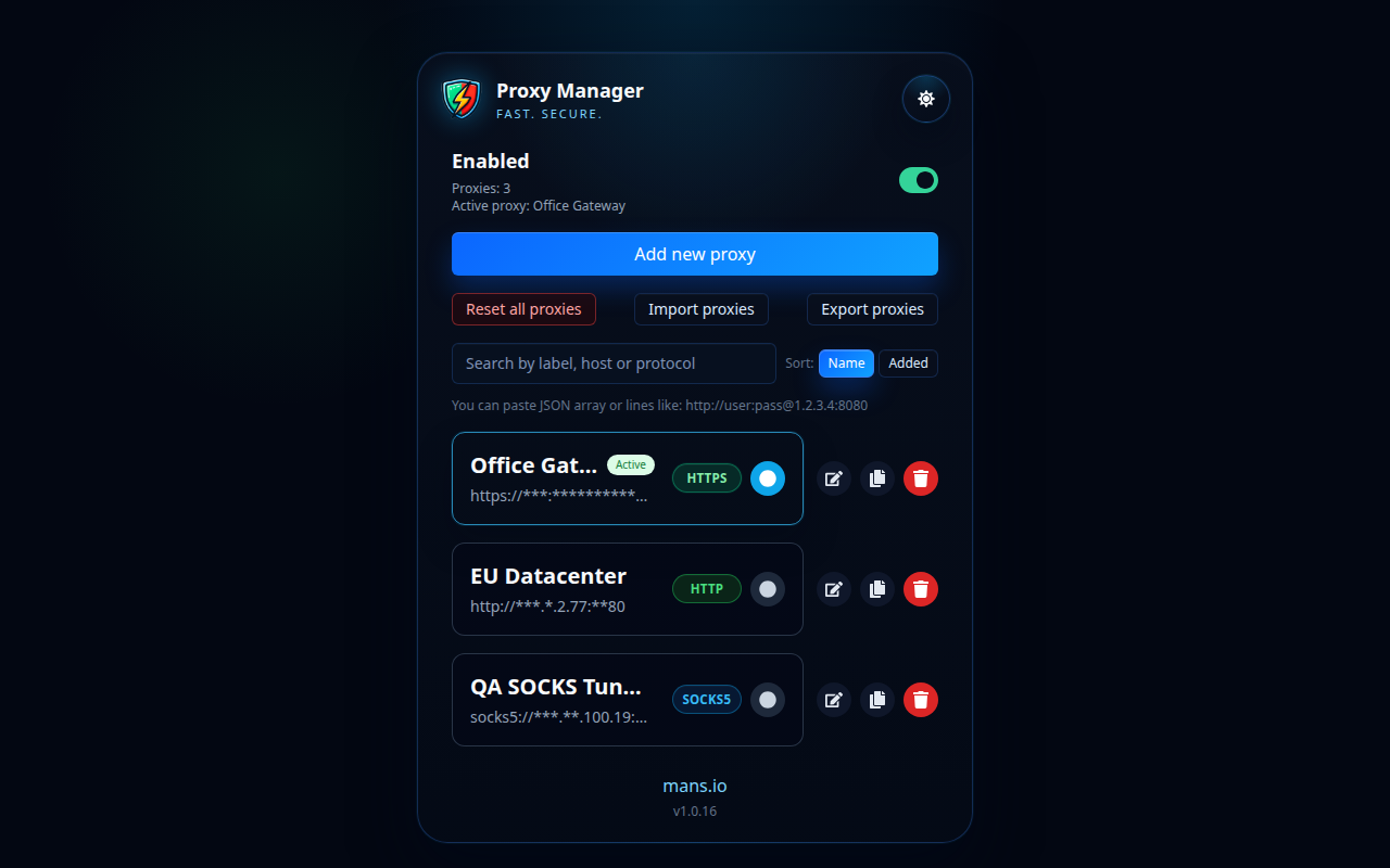 Proxy Manager profile list